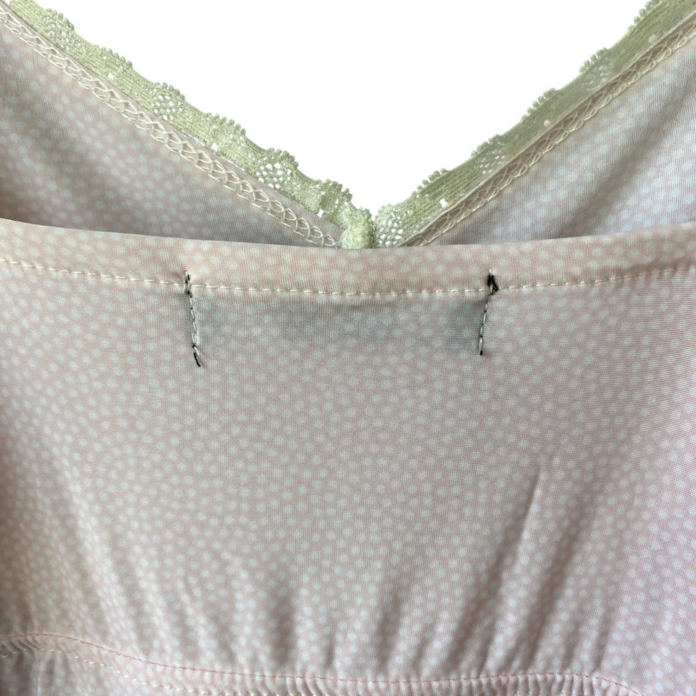 Rene Rofe Pink Polka Dot Lace Trim Chemise Nightgown Adjustable Straps Small‎
